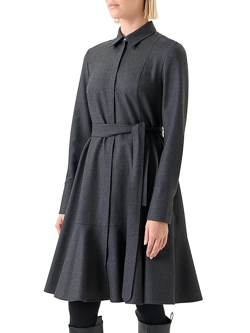 Virgin Wool Belted Knee-Length Shirtdress