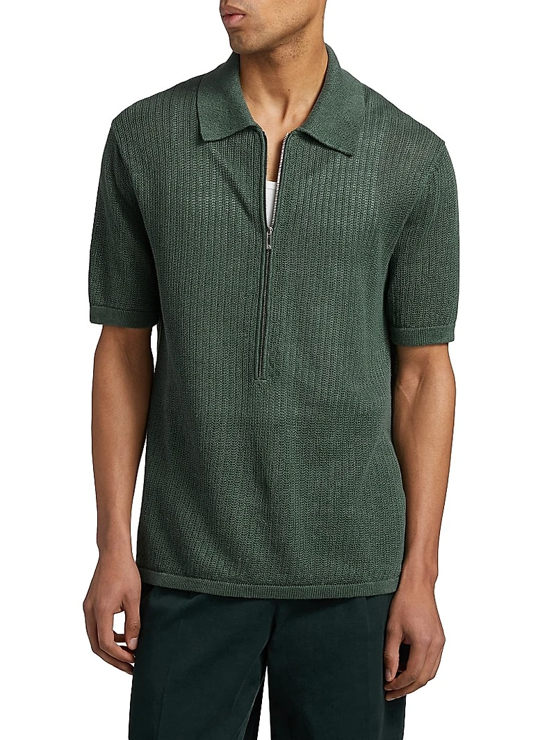 Nino Linen Rib-Knit Half-Zip Polo Sweater