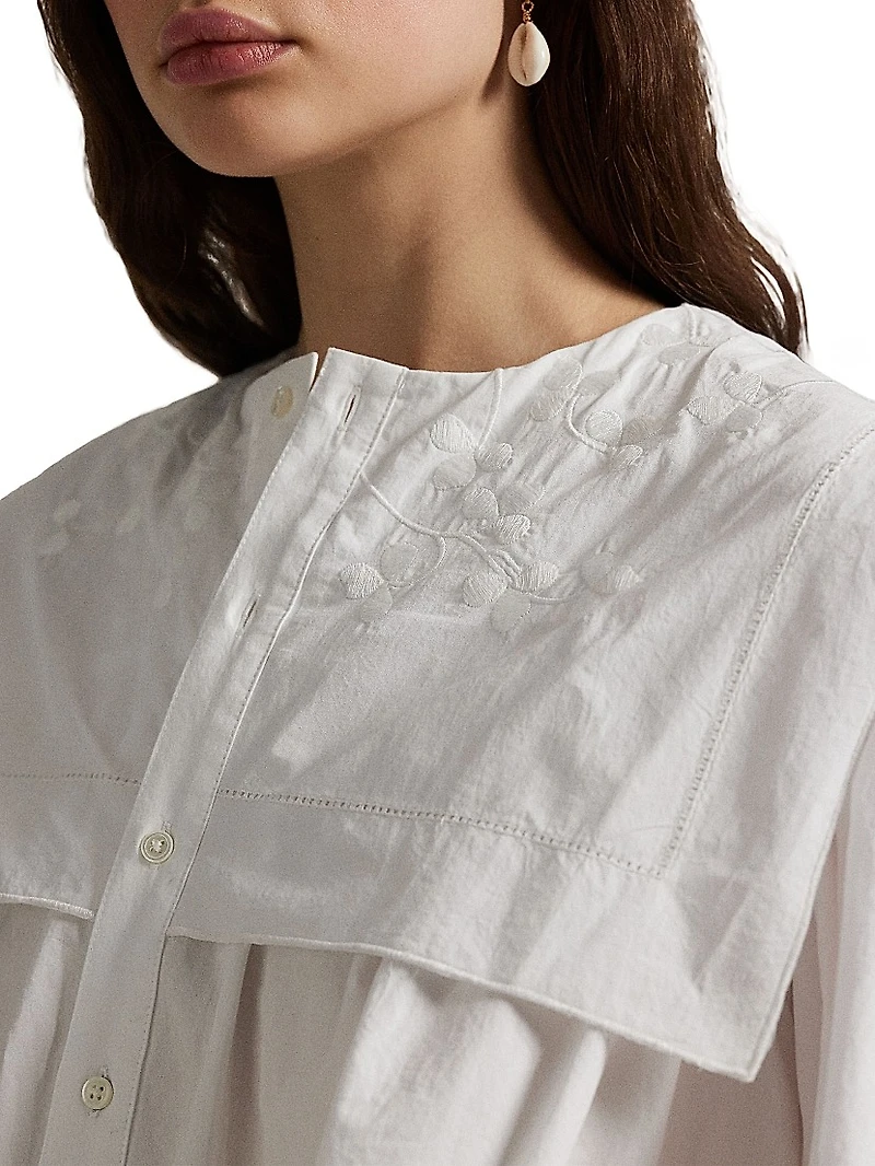 Embroidered Bib Cotton Poplin Blouse
