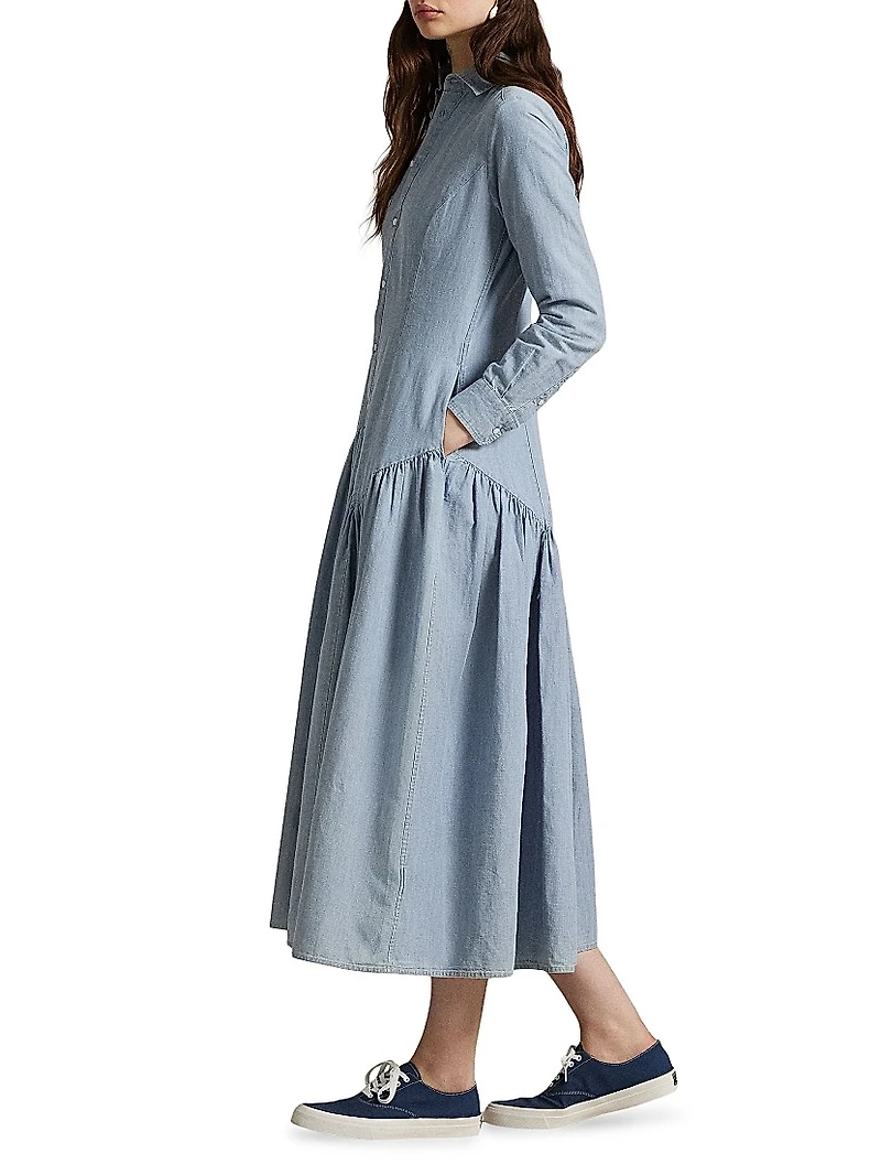 Drop-Waist Cotton-Linen Chambray Shirtdress