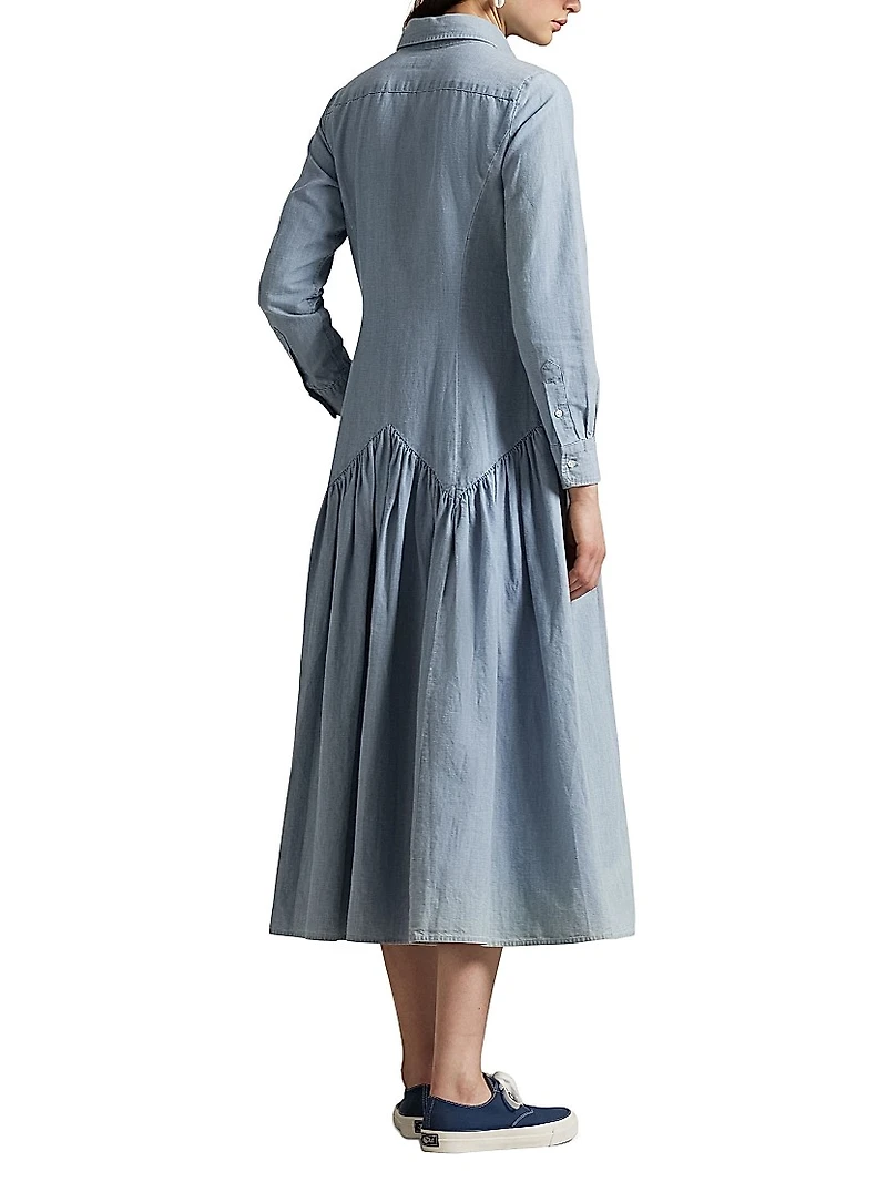 Drop-Waist Cotton-Linen Chambray Shirtdress