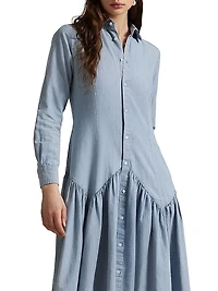 Drop-Waist Cotton-Linen Chambray Shirtdress