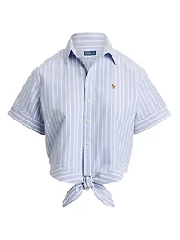 Striped Cotton Tie-Front Oxford Crop Shirt