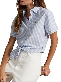 Striped Cotton Tie-Front Oxford Crop Shirt