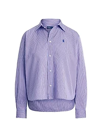 Striped Boxy Cotton Button-Front Crop Shirt