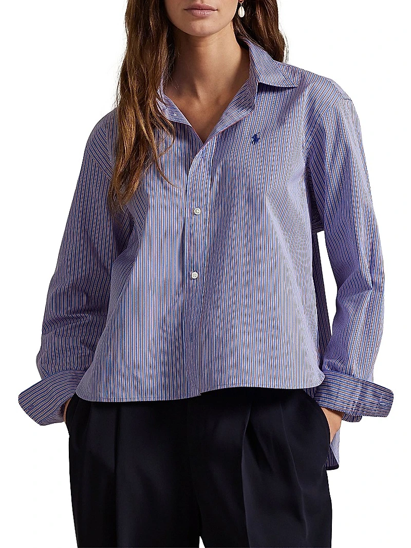 Striped Boxy Cotton Button-Front Crop Shirt