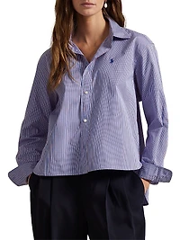 Striped Boxy Cotton Button-Front Crop Shirt