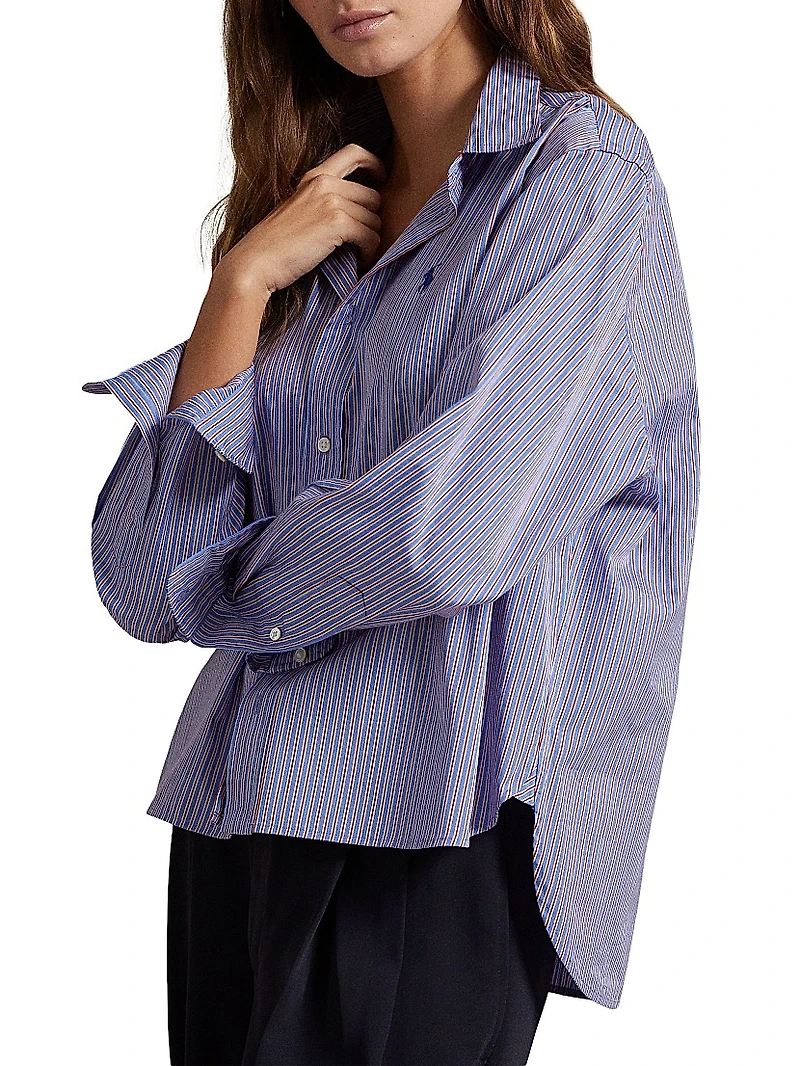 Striped Boxy Cotton Button-Front Crop Shirt