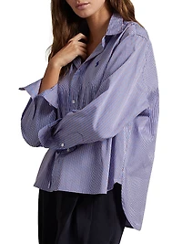 Striped Boxy Cotton Button-Front Crop Shirt