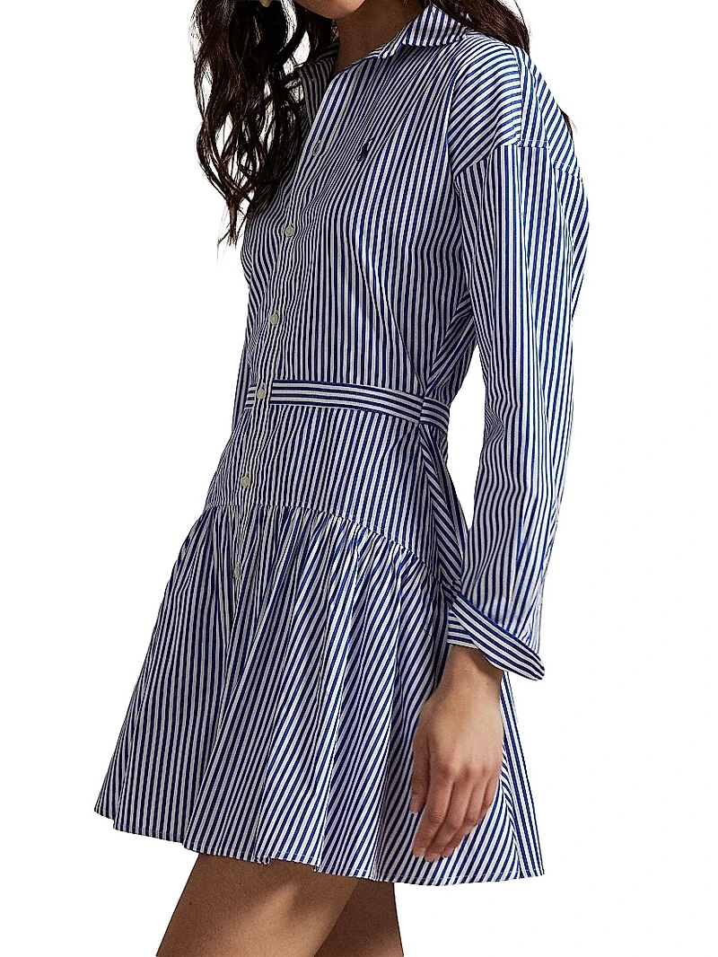 Striped Cotton Pleated Shirtdress