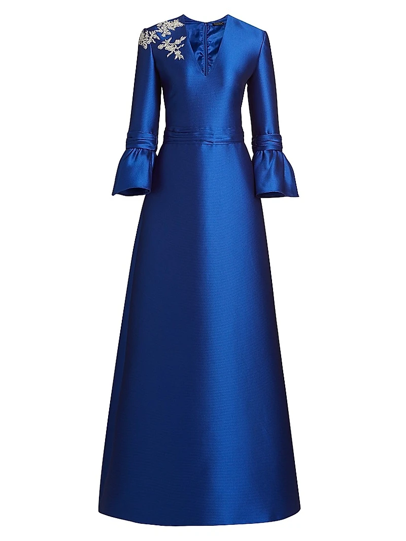 Satin Embroidered-Shoulder A-Line Gown