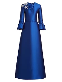 Satin Embroidered-Shoulder A-Line Gown