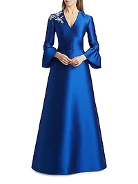 Satin Embroidered-Shoulder A-Line Gown