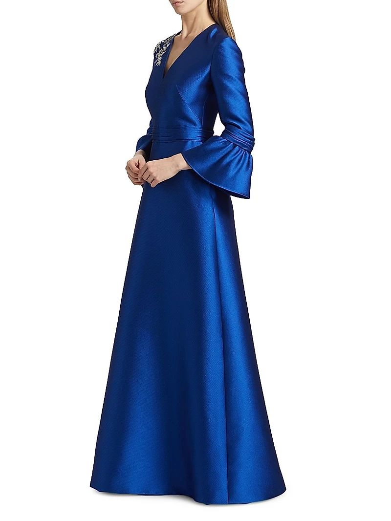 Satin Embroidered-Shoulder A-Line Gown