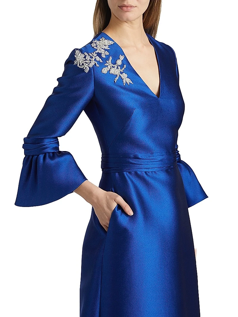 Satin Embroidered-Shoulder A-Line Gown