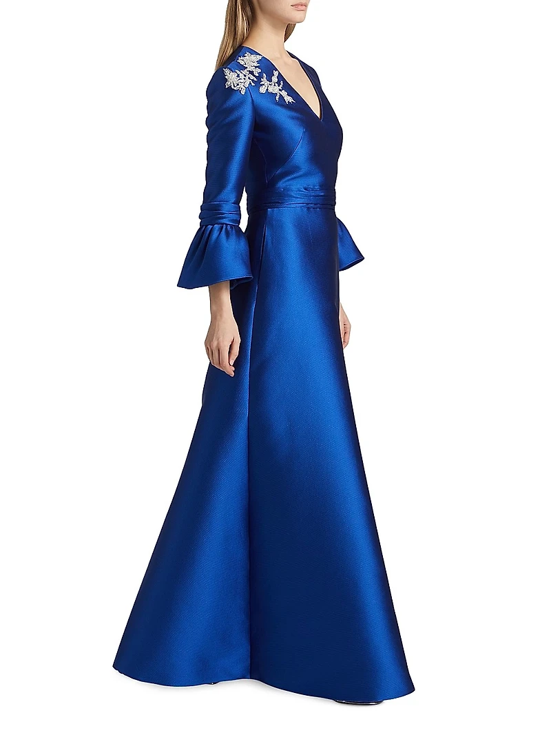 Satin Embroidered-Shoulder A-Line Gown
