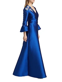 Satin Embroidered-Shoulder A-Line Gown