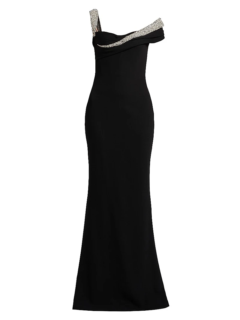 Embellished Off-the-Shoulder Crêpe Sheath Gown