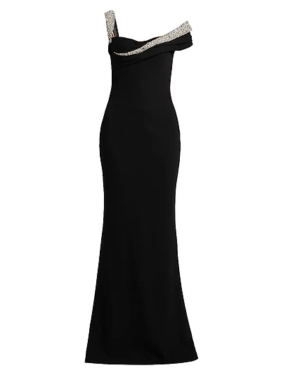 Embellished Off-the-Shoulder Crêpe Sheath Gown
