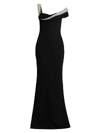 Embellished Off-the-Shoulder Crêpe Sheath Gown