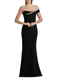 Embellished Off-the-Shoulder Crêpe Sheath Gown