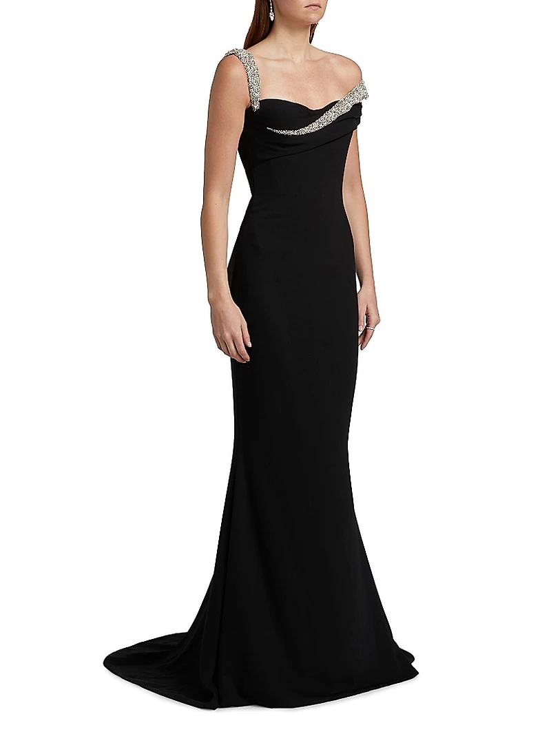 Embellished Off-the-Shoulder Crêpe Sheath Gown