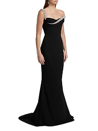 Embellished Off-the-Shoulder Crêpe Sheath Gown