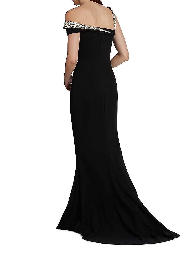 Embellished Off-the-Shoulder Crêpe Sheath Gown