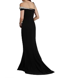 Embellished Off-the-Shoulder Crêpe Sheath Gown