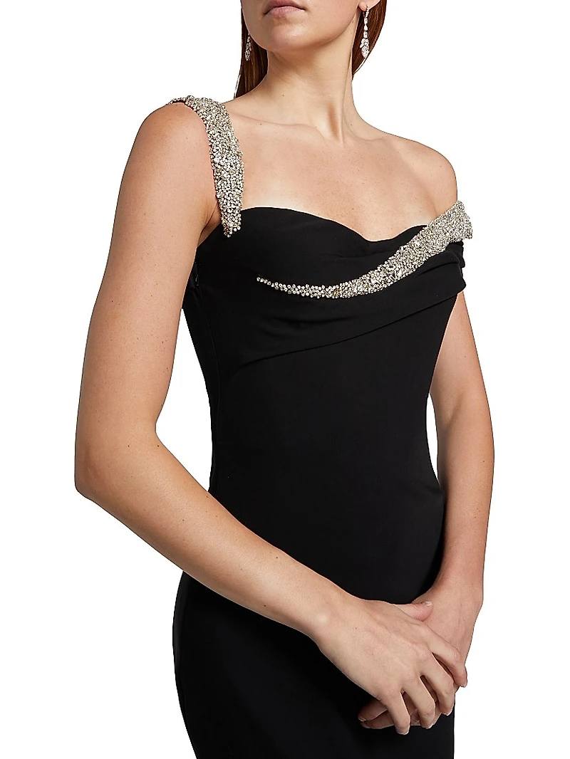 Embellished Off-the-Shoulder Crêpe Sheath Gown