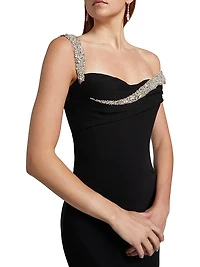 Embellished Off-the-Shoulder Crêpe Sheath Gown