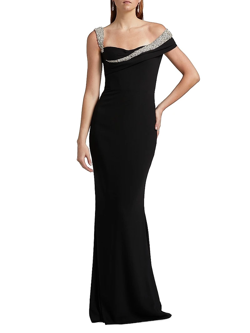 Embellished Off-the-Shoulder Crêpe Sheath Gown