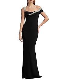 Embellished Off-the-Shoulder Crêpe Sheath Gown