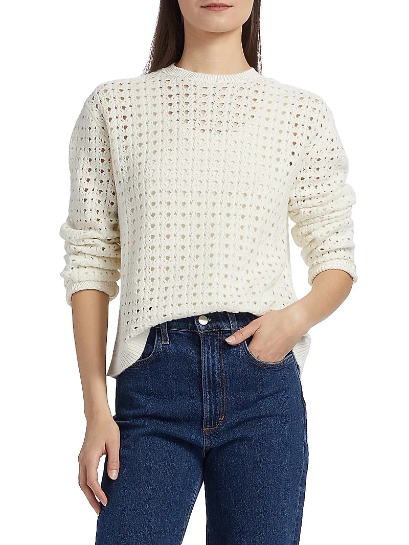 Open Weave Wool-Silk Crewneck Sweater