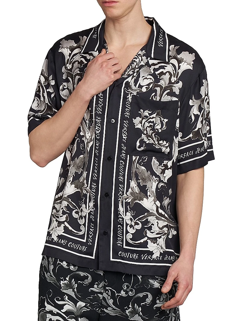 Monochromatic Barocco Logo Short-Sleeve Button-Front Shirt