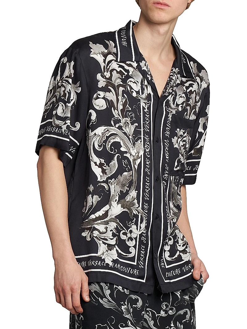 Monochromatic Barocco Logo Short-Sleeve Button-Front Shirt
