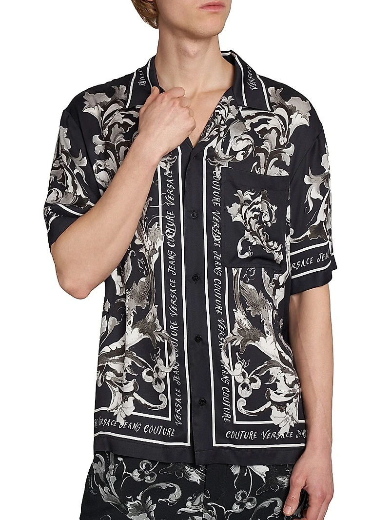 Monochromatic Barocco Logo Short-Sleeve Button-Front Shirt