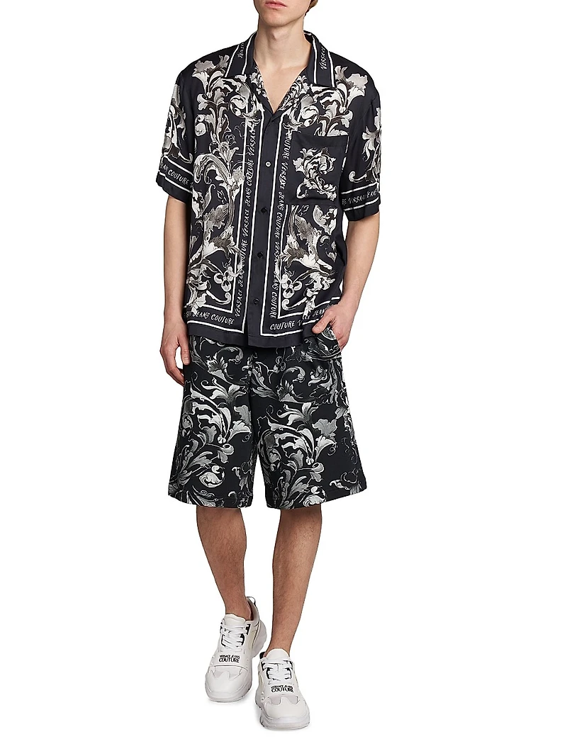 Monochromatic Barocco Logo Short-Sleeve Button-Front Shirt