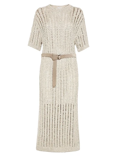 Dazzling Silk and Linen Openwork Rib Knit Dress with Suede Belt