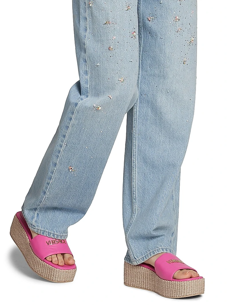 Logo 55MM Leather & Raffia Platform Sandals