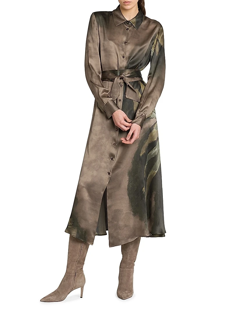 Floral Silk Tie-Waist Midi-Shirtdress