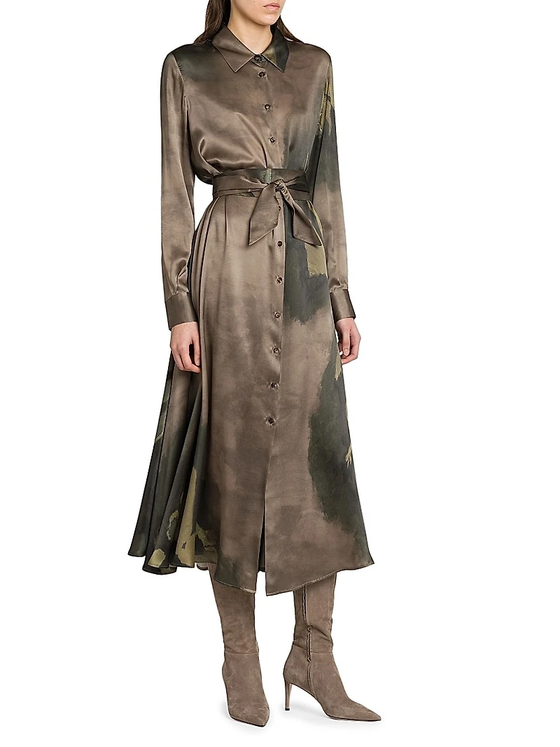 Floral Silk Tie-Waist Midi-Shirtdress