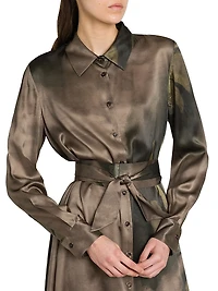 Floral Silk Tie-Waist Midi-Shirtdress