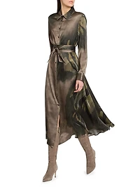 Floral Silk Tie-Waist Midi-Shirtdress