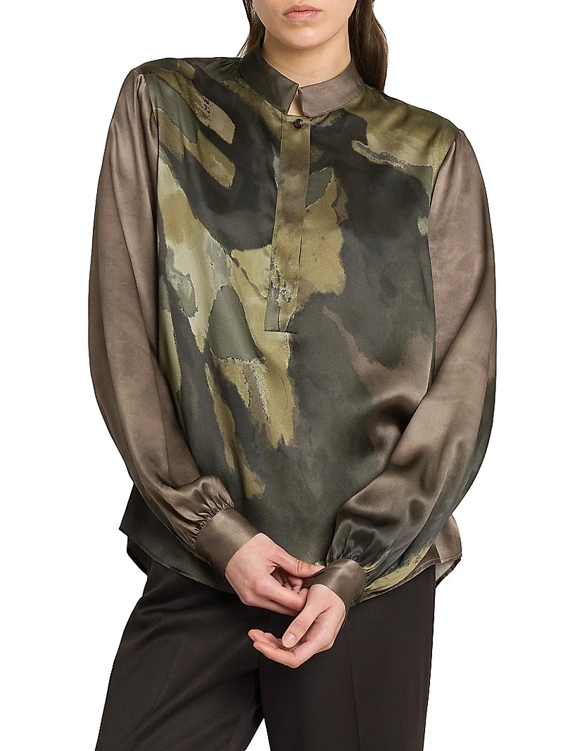 Floral Silk Henley Blouse