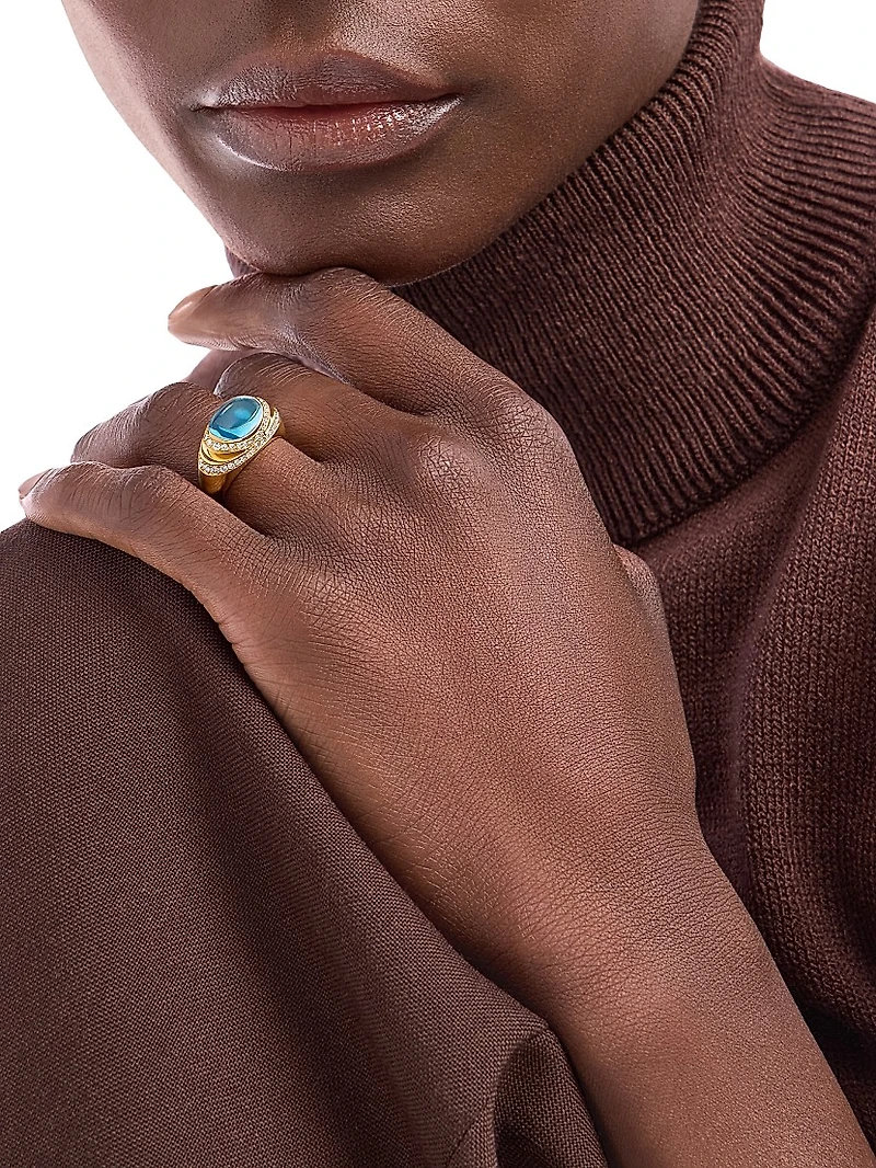 BVLGARI Cabochon 18K Yellow Gold, Blue Topaz & 0.59 TCW Diamond Ring