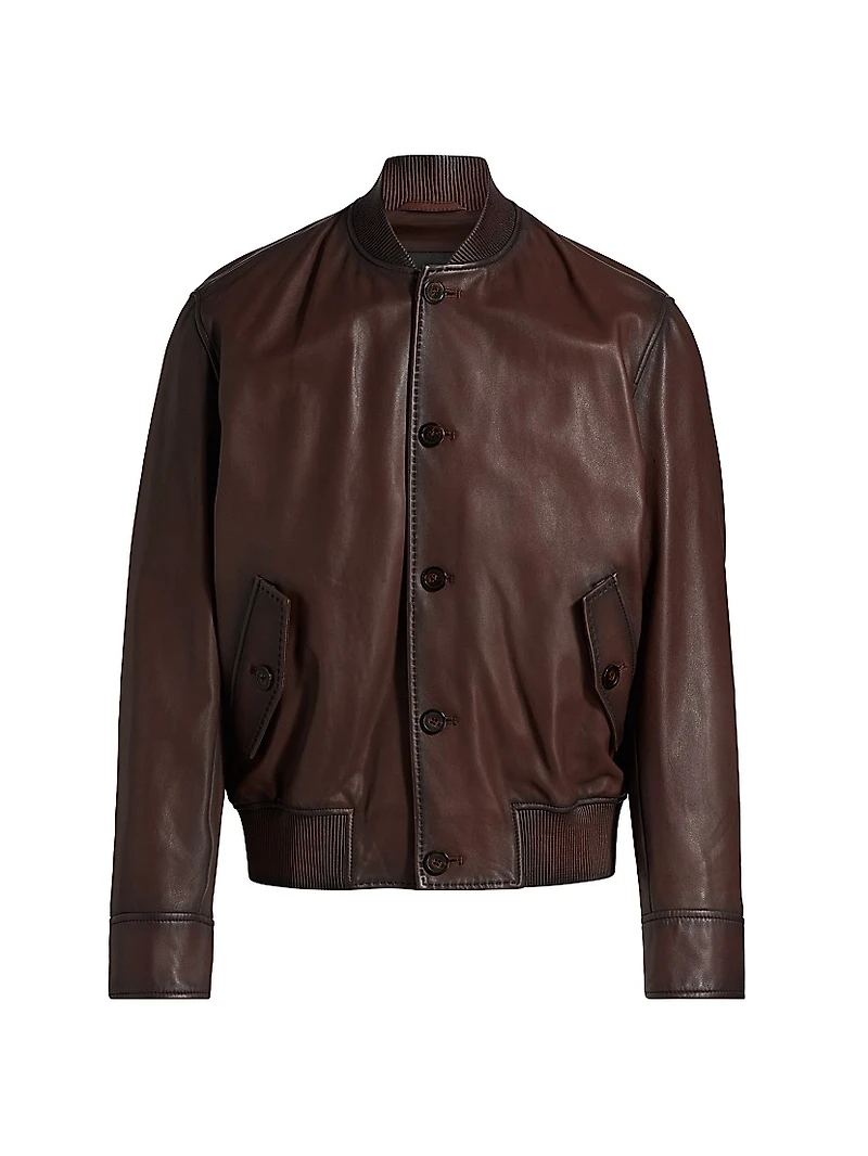 Leather Button-Front Bomber Jacket