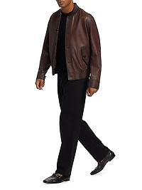 Leather Button-Front Bomber Jacket