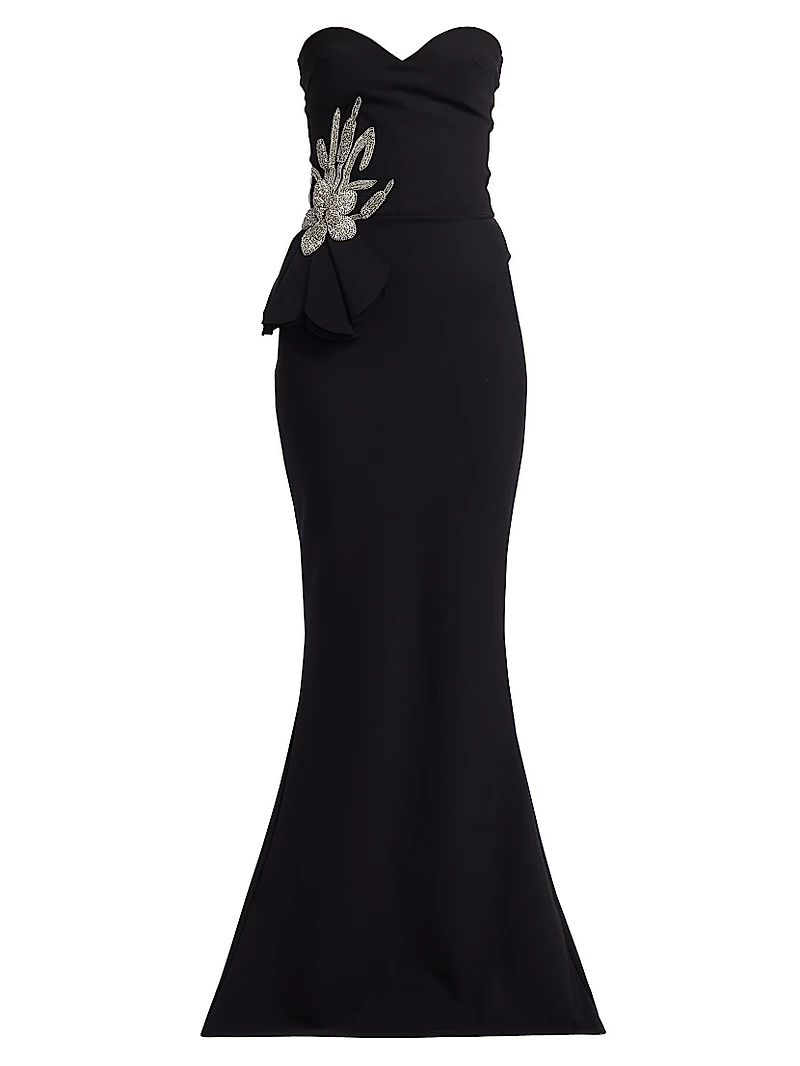 Grenawa Floral Beaded Strapless Gown