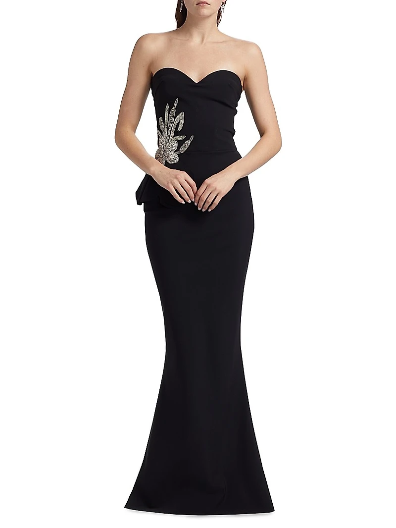 Grenawa Floral Beaded Strapless Gown